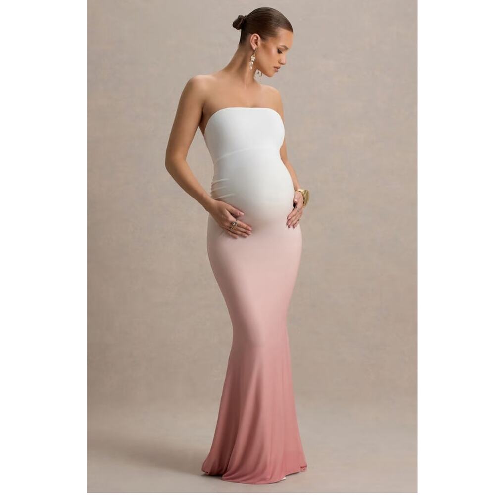 Club L London Sharnie Pink Ombré Strapless Maternity Maxi Dress Size 6